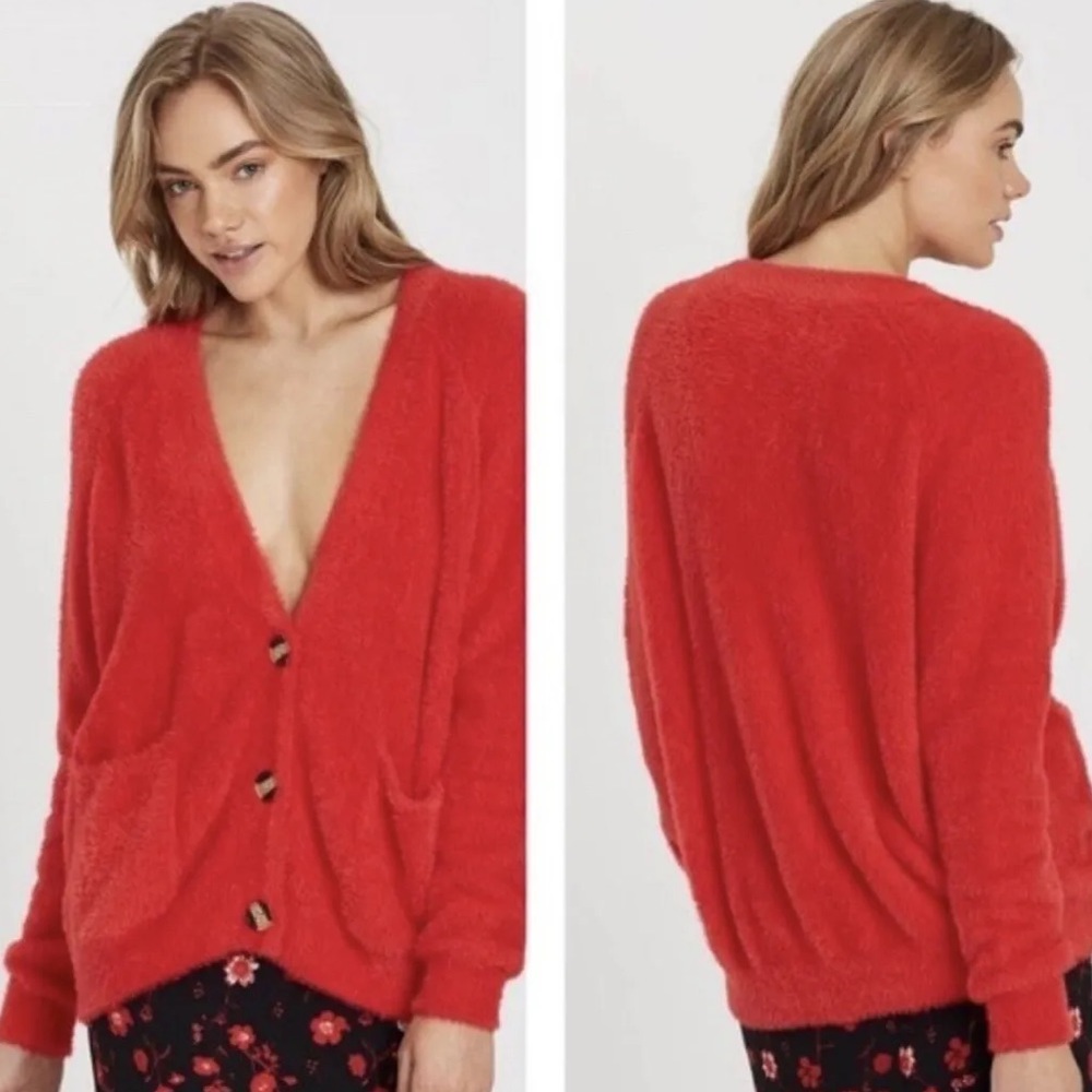 Charlie Holiday Anthropologie Aperrol Red Fuzzy Cardigan, Size 4